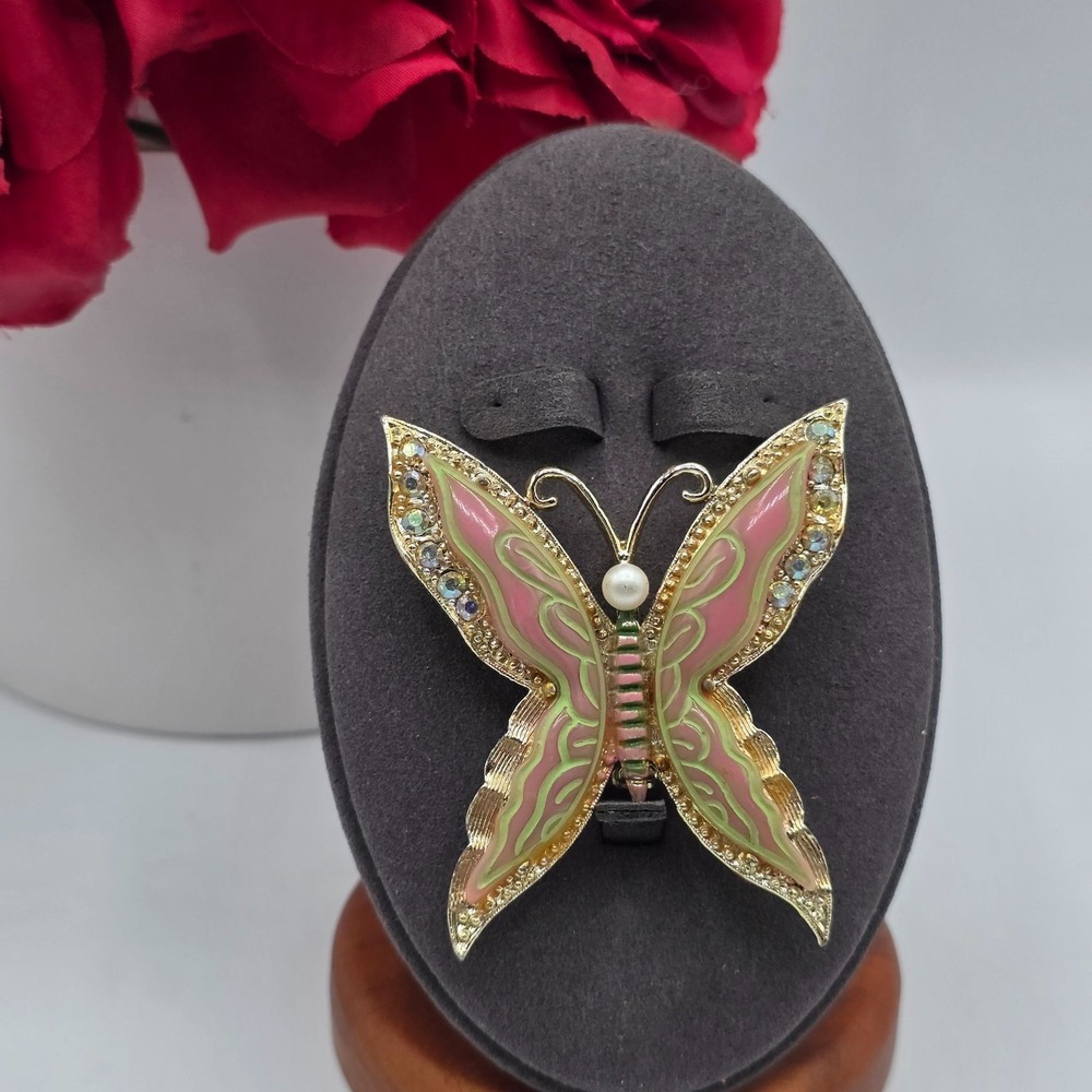 Enamel‎ Butterfly Brooch Rhinestones Pearl Gold Tone Pink Green Vintage Jewelry